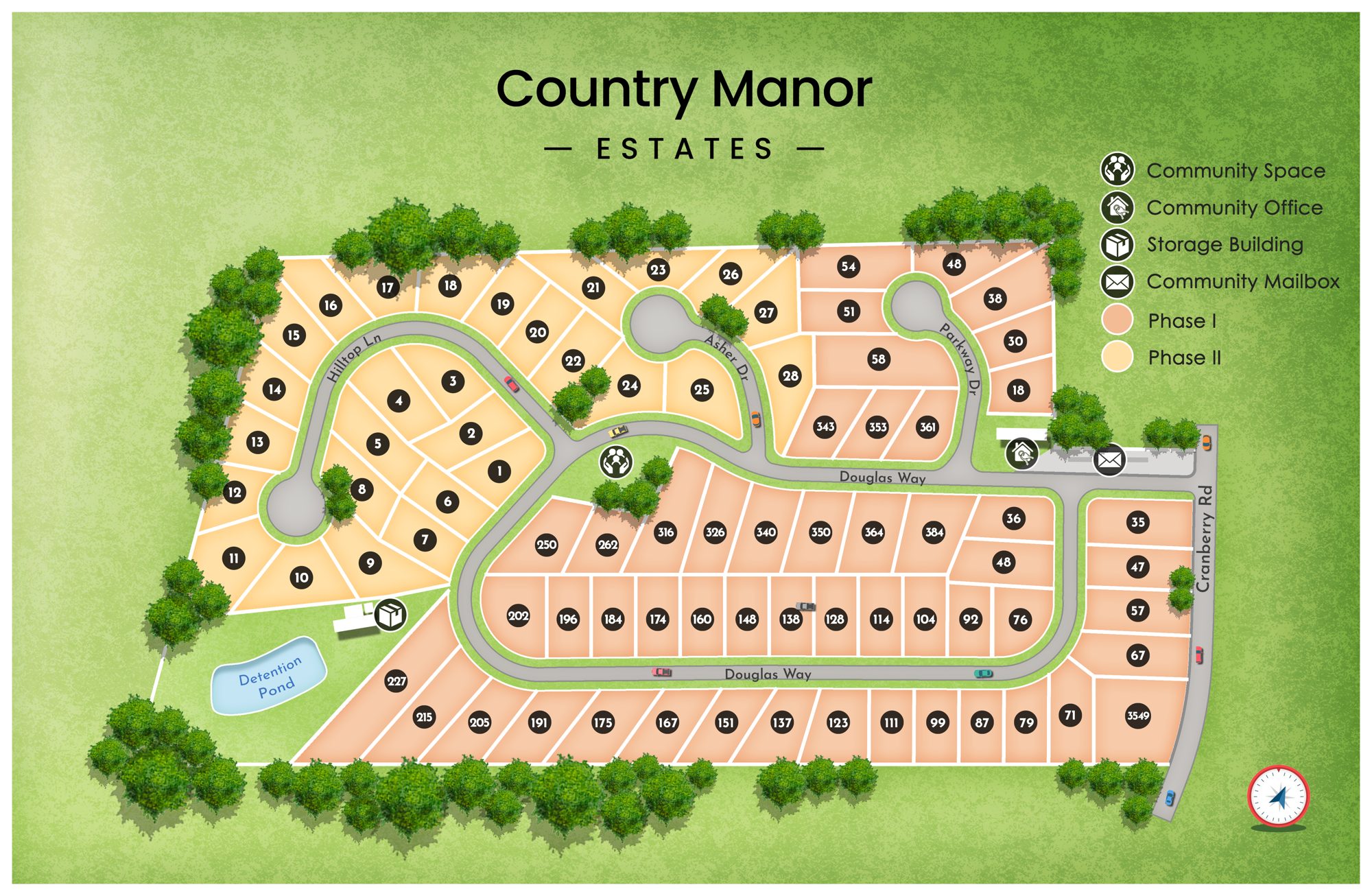 Map of Country Manor Estates showing Phase I homes and the 28 new Phase II lots for rent on Hilltop Lane and Asher Drive